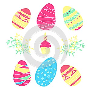 Happy Easter set. Colorful eggs, cake, candle and leaves in hand drawn style