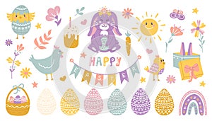 Happy Easter. Set of cute cartoon characters and design elements. Easter eggs, rabbit, chicken and flowers. Vector flat