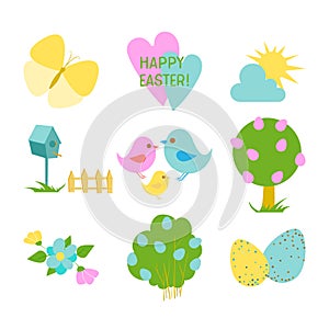 Happy Easter set with cute elements for greeting or invitation card. Eggs huntings, birds, spring mood and flowers