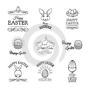 Happy Easter set with cute elements for greeting or invitation card. Vector illustration