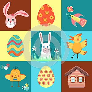 Happy easter. Set of cute illustrations for creating Easter cards, hunting invitations, banner, poster. Design elements, icons.