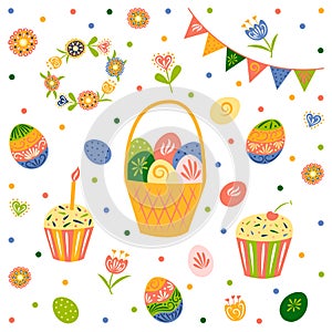 Happy easter. Set of Easter cake, basket of colored eggs, flowers, wreath, checkboxes. Hello spring. Isolated. Vector illustration