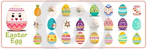 Happy Easter. Set of Easter eggs with different textures on a white background. Spring holiday. Vector Illustration
