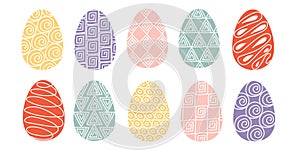 Happy easter. Set of Easter eggs with geometric patterns on a white background. Spring holiday. Vector illustration.