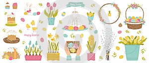 Happy Easter set. Easter holiday collection elements isolated on a white background. Spring color palette. Vector illustration in