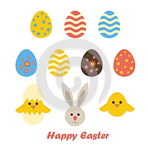 Happy Easter set eggs bunny birds