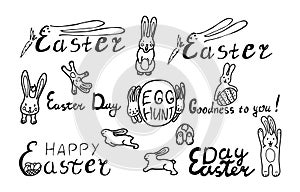 Happy Easter set with funny bunny and eggs. lettering