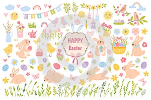 Happy easter. Set of hand drawn easter design elements. Spring collection