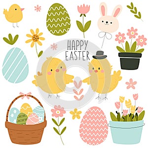 Happy easter set in hand drawn style on white background. Cartoon vector holiday illustration