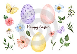 Happy Easter set of hand-painted watercolor elements. Coloful eggs, cute flowers, butterflies, isolated on white background