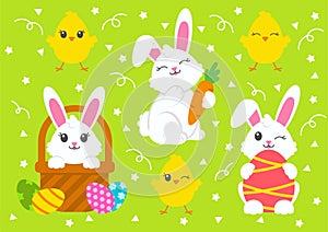 Happy Easter. Set of little cute rabbits. Carrot, basket, bunny, chicken, eggs. Colored flat vector illustration isolated on green