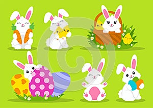 Happy Easter. Set of little cute rabbits. Carrot, basket, bunny, eggs, chicken. Colored flat vector illustration isolated on blue