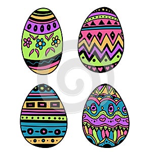 Happy Easter.Set of ornamental eggs with different texture on a white background. Spring holiday. Vector Illustration.