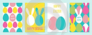 Happy Easter set of posters, cards or covers in modern minimalistic style with eggs and rabbit ears. Trendy cute templates for