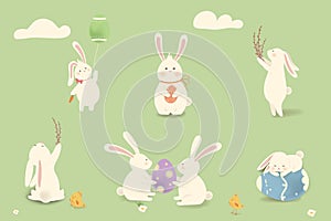 Happy Easter. Set of Rabbit Bunny with eggs, grass, flowers in field. Cute cartoon rabbit character with chicken, Paschal egg.