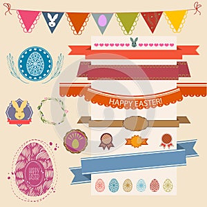 Happy Easter Set. Vector collection for Easter Design. Happy Easter Design Elements. Flags, ribbons, eggs, bunny, stamps and