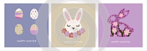Happy Easter. A set of vector Easter illustrations. Easter eggs, rabbit. Perfect for a poster, cover, or postcard