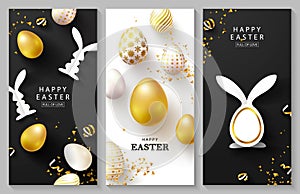 Happy Easter Set of vertical cards.Beautiful Background with golden eggs, paper bunnies and serpentine. Vector