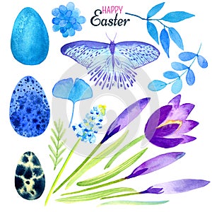 Happy Easter Set of watercolor elements, eggs, branches, butterfly