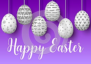 Happy Easter. Set of white pending easter eggs with different simple ornaments on purple background.