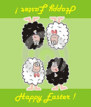 Happy easter, sheep, card, humorous vector illustration