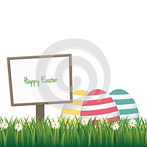 Happy easter sign colorful eggs daisy meadow isolated background