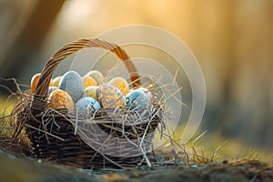 Happy easter sign Eggs Nature Basket. White renewal Bunny holiday card. Turquoise Haze background wallpaper