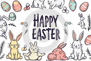 Happy easter signature card Eggs Easter decorations Basket. White clear space Bunny Easter illustration. Springtime background