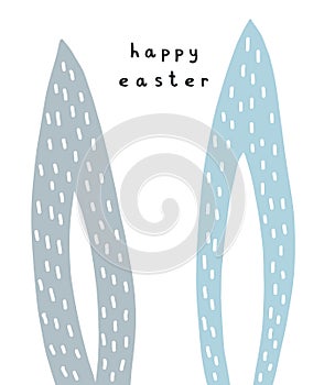 Happy Easter. Simple Easter Holidays Vector Card. Cute Blue Long Rabbit Ears.