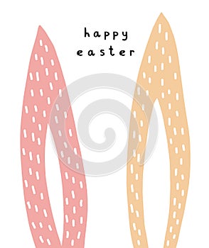 Happy Easter. Simple Easter Holidays Vector Card. Cute Dusty Pink and Cream Long Rabbit Ears.