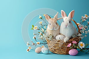 Happy easter sky blue Eggs Devoted Basket. White carnation Bunny Unique greeting. pop background wallpaper