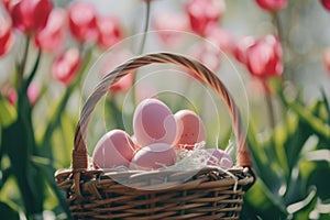 Happy easter snapdragons Eggs Vivid Basket. White Fresh cut flower Bunny sentiment. Serene background wallpaper