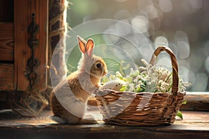 Happy easter snowdrops Eggs Easter parade Basket. White Reserved area Bunny scene composition. Handwritten sentiment background