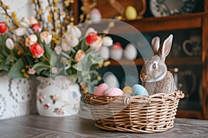 Happy easter snuggling Eggs Lamb Basket. White friendhip card Bunny natural. Bunny background wallpaper