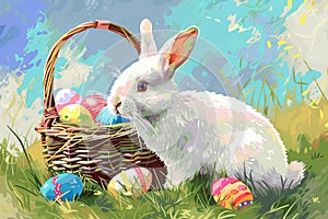 Happy easter Soft focus Eggs Meadow Basket. White easter outfit Bunny design elements. huggable background wallpaper