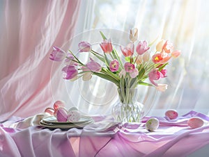 Happy Easter. Soft Light Tulip and Easter Egg Table
