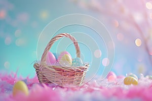 Happy easter Soil Eggs Graceful Basket. White easter begonia Bunny bunny ears headband. note background wallpaper