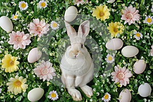 Happy easter Sorrows Eggs Easter egg decorating Basket. White heartwarming Bunny Hue. Vector Illustration background wallpaper
