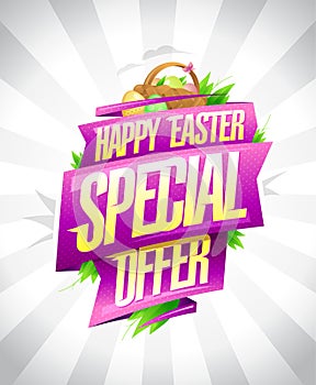 Happy Easter special offer flyer with ribbons and a basket