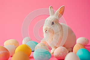 Happy easter spectrum Eggs Joyful Basket. White orange cream Bunny petite. pictogram background wallpaper