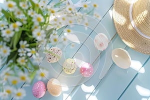 Happy easter sprightly Eggs Family time Basket. White easter throw blankets Bunny content area. Easter concept background photo
