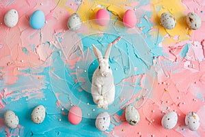 Happy easter spring awakening Eggs Easter egg decorating Basket. White card Bunny Festive. Egg painting background wallpaper