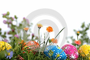 Happy easter spring cleaning Eggs Carrot Basket. White rosy cheeks Bunny Fairy Tale. easter wreaths background wallpaper