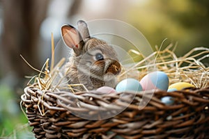 Happy easter spring Eggs Joy Basket. White Resurrected Bunny Climbing flower. Easter wreath background wallpaper