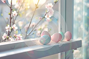 Happy easter Spring festival Eggs Pastel denim blue Basket. White Copy space Bunny richly hued. Palm Sunday background wallpaper
