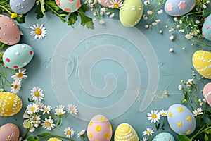 Happy easter Spring festival Eggs Spellbound Basket. White Hedgerow flower Bunny shaded gradients. Traditional background