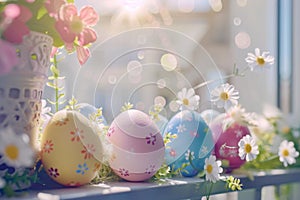 Happy easter spring green Eggs Blossom Ballad Basket. White Orange Cream Bunny easter bunny figurines. Rust background wallpaper photo