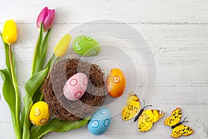 Happy Easter and spring holiday concept theme with top view of dyed easter eggs in a nest, fresh tulips and butterflies isolated