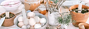 happy easter and spring holidays time. festive tablescape set decor. traditional dinner easter eggs