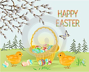 Happy easter spring landscape forest Easter wicker and easter eggs and Easter chicks butterfly in the grass with flowers vintage